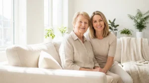 Starejša gospa in hči se sproščeno pogovarjata v svetli dnevni sobi