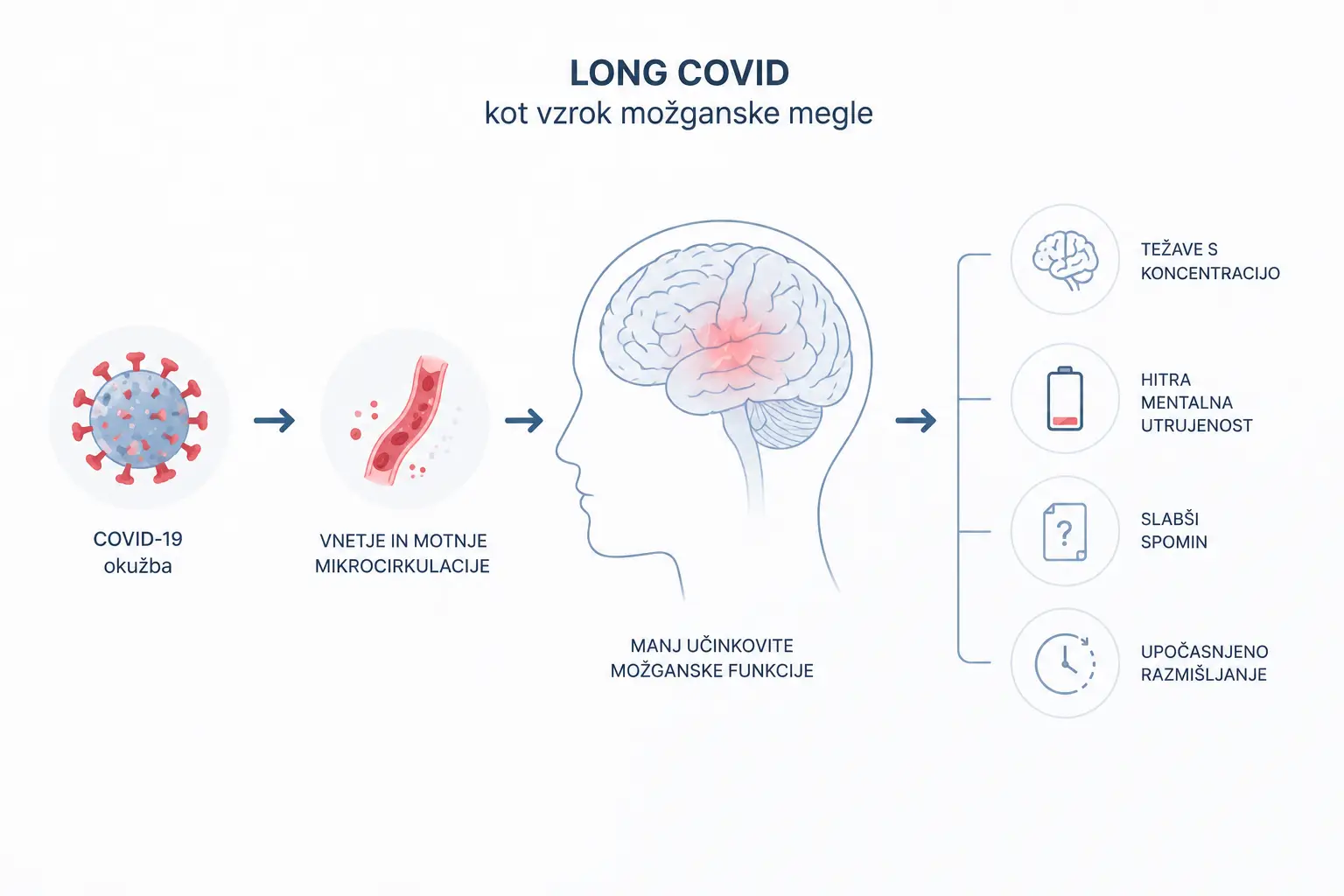 Long covid kot vzrok možganske megle – infografika prikazuje vpliv COVID-19 na možgane in kognitivne funkcije