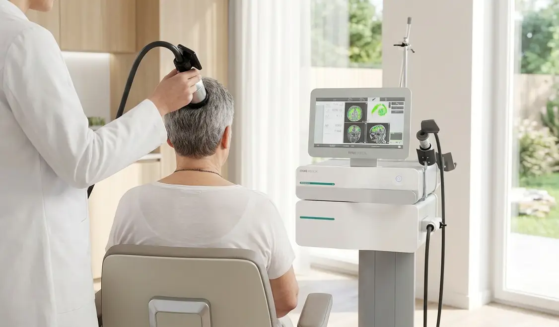 Pacient med transkranialno pulzno stimulacijo v sodobni klinični ordinaciji